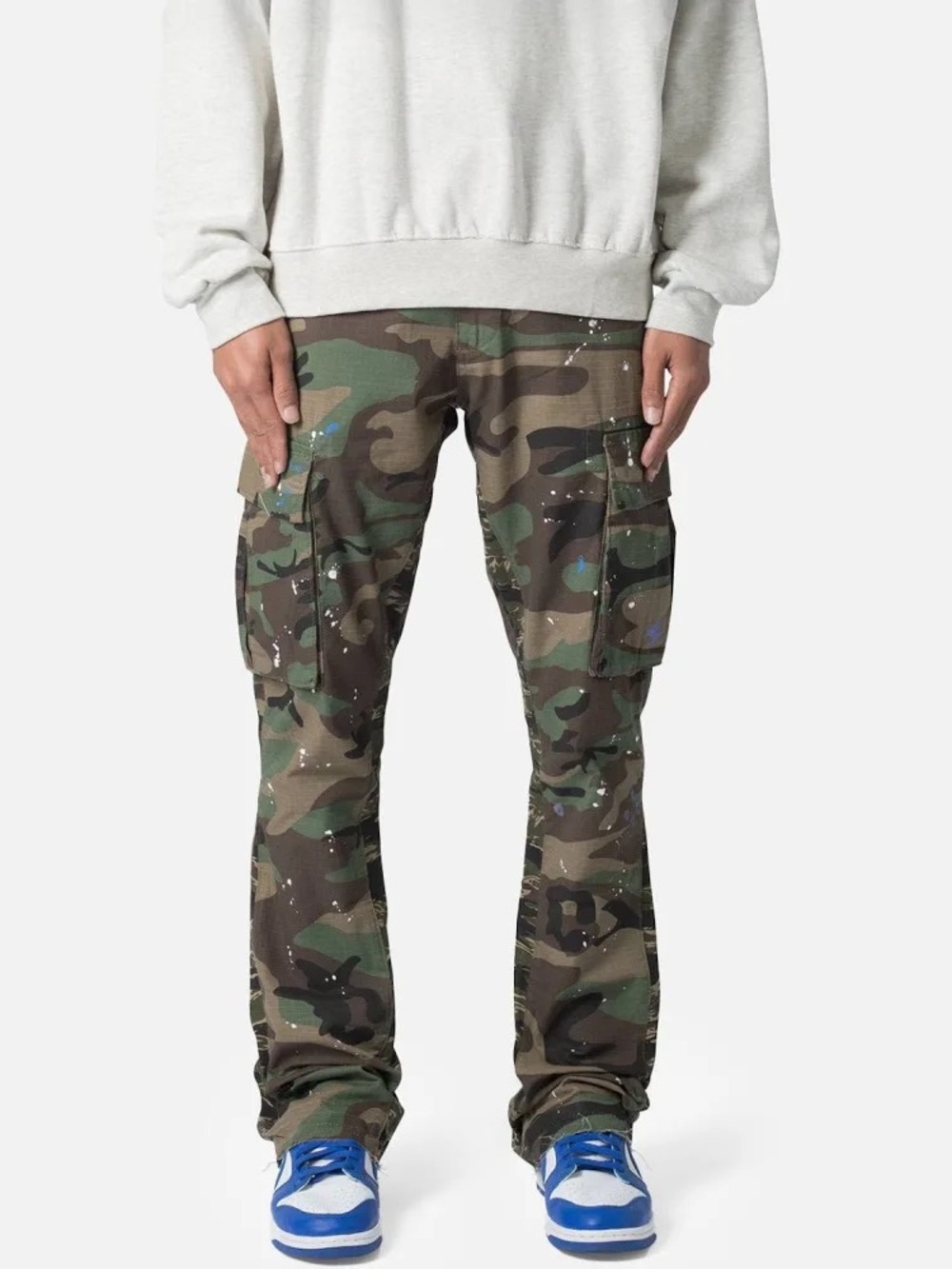 MNML Camo Cargo Pants in Olive and Brown with Paint-Splatter